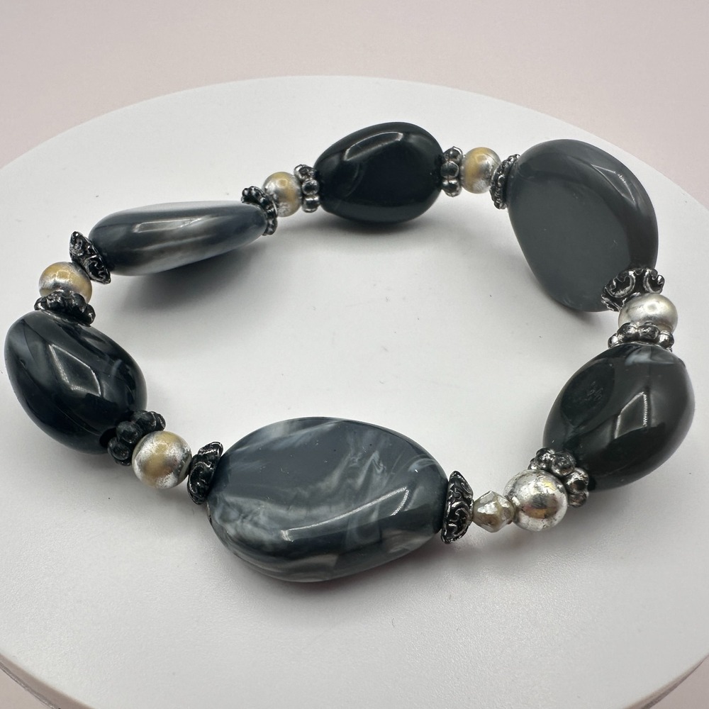 Vintage 90s Gray & Black Glass Bead Stretch Bracelet Boho Fashion Jewelry Retro